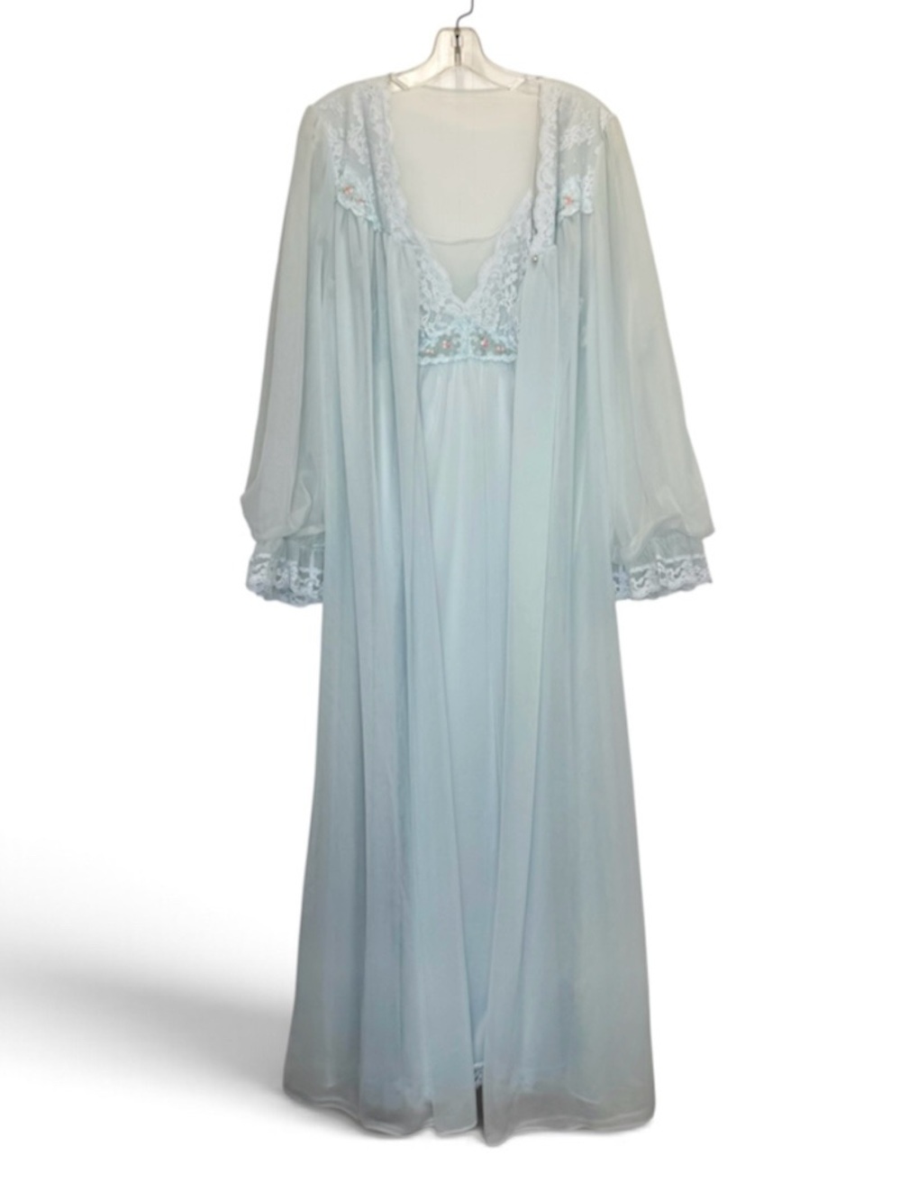 Vintage Shadowline Chiffon Peignoir Set Medium Pale Blue Lace